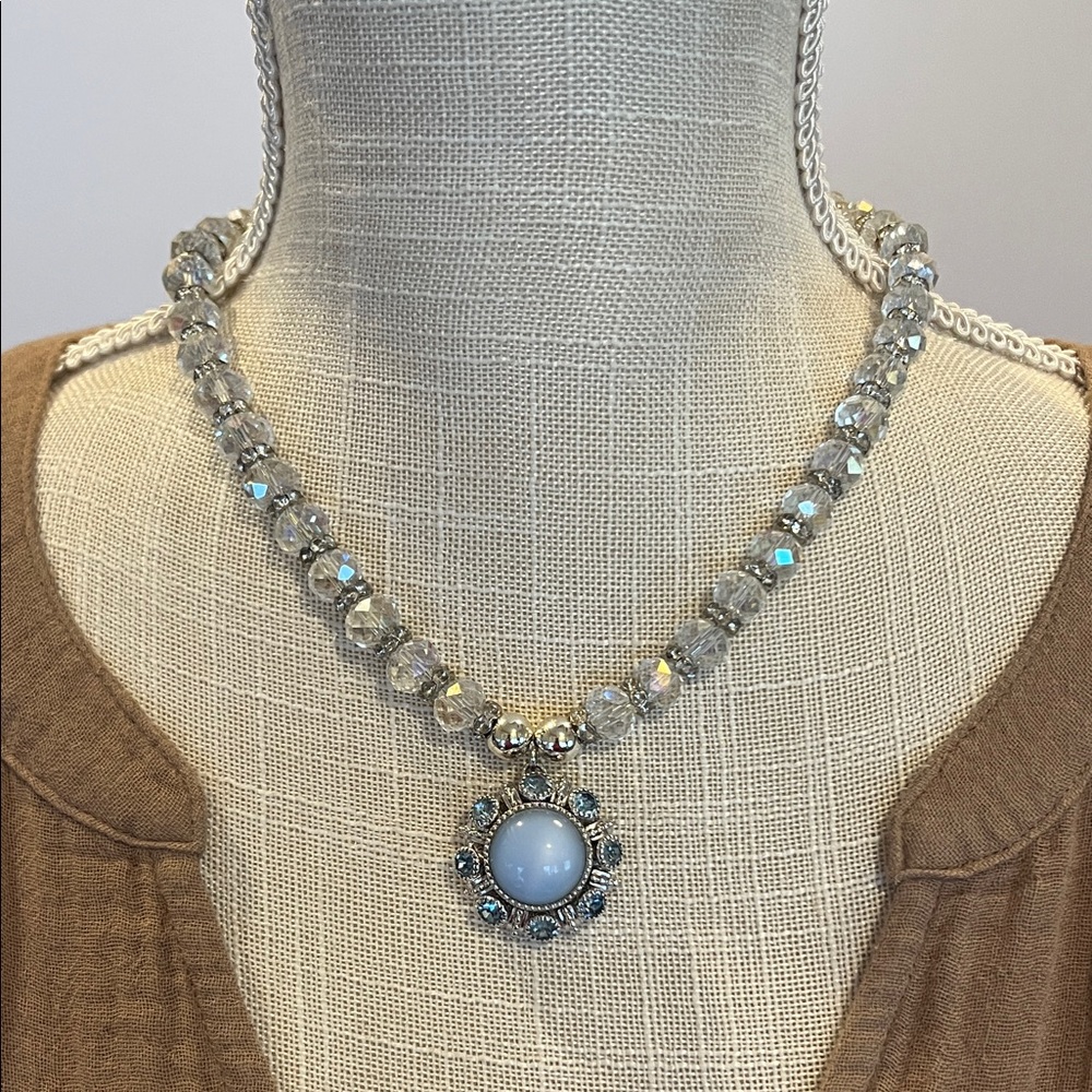Silver-Tone Crystal Necklace with Blue Cabochon Pendant